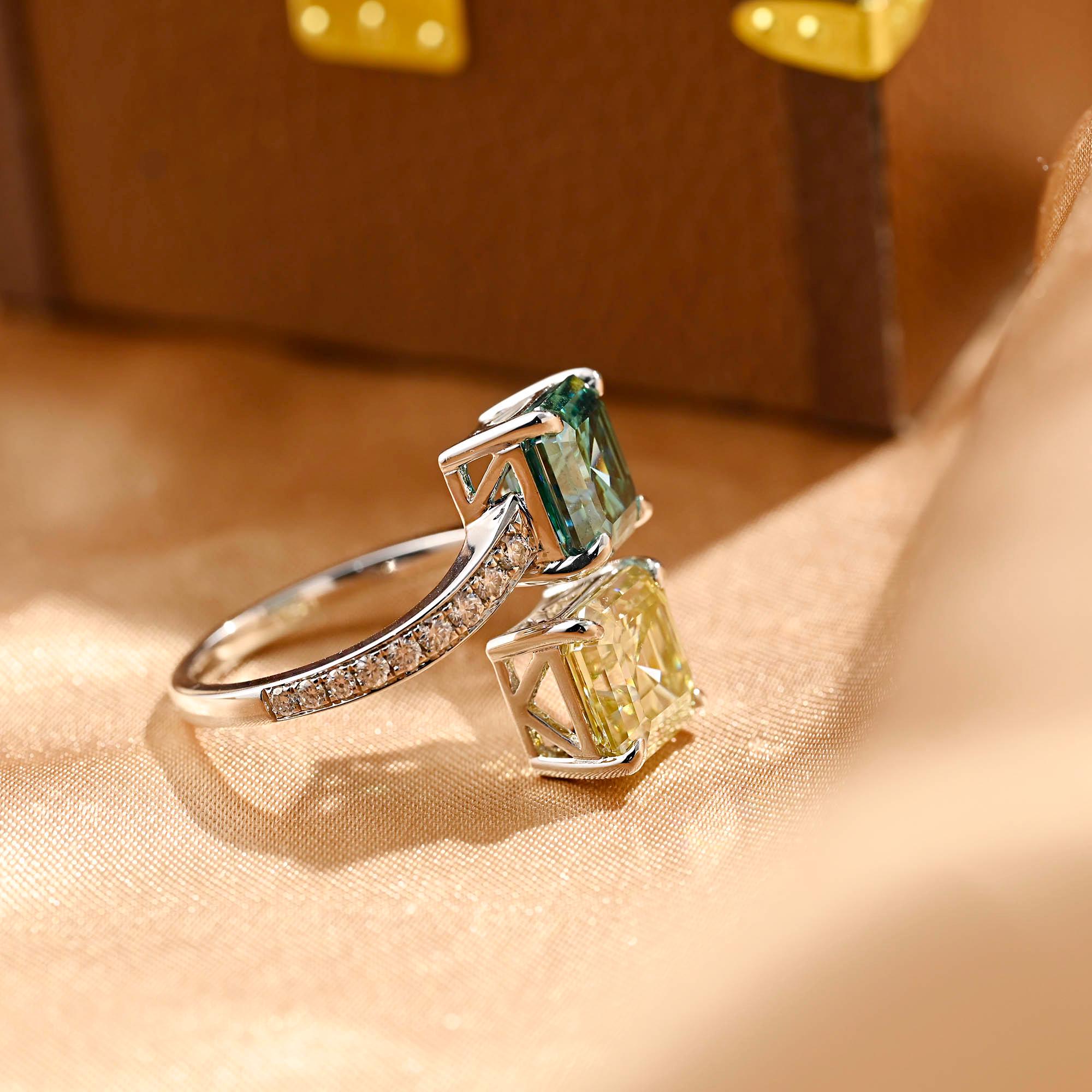 Solid Gold Toi et Moi Green & Yellow Asscher Moissanite Engagement Ring, Two Stone Anniversary Ring