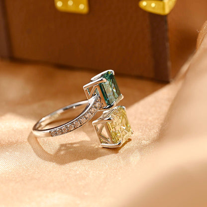 Solid Gold Toi et Moi Green & Yellow Asscher Moissanite Engagement Ring, Two Stone Anniversary Ring