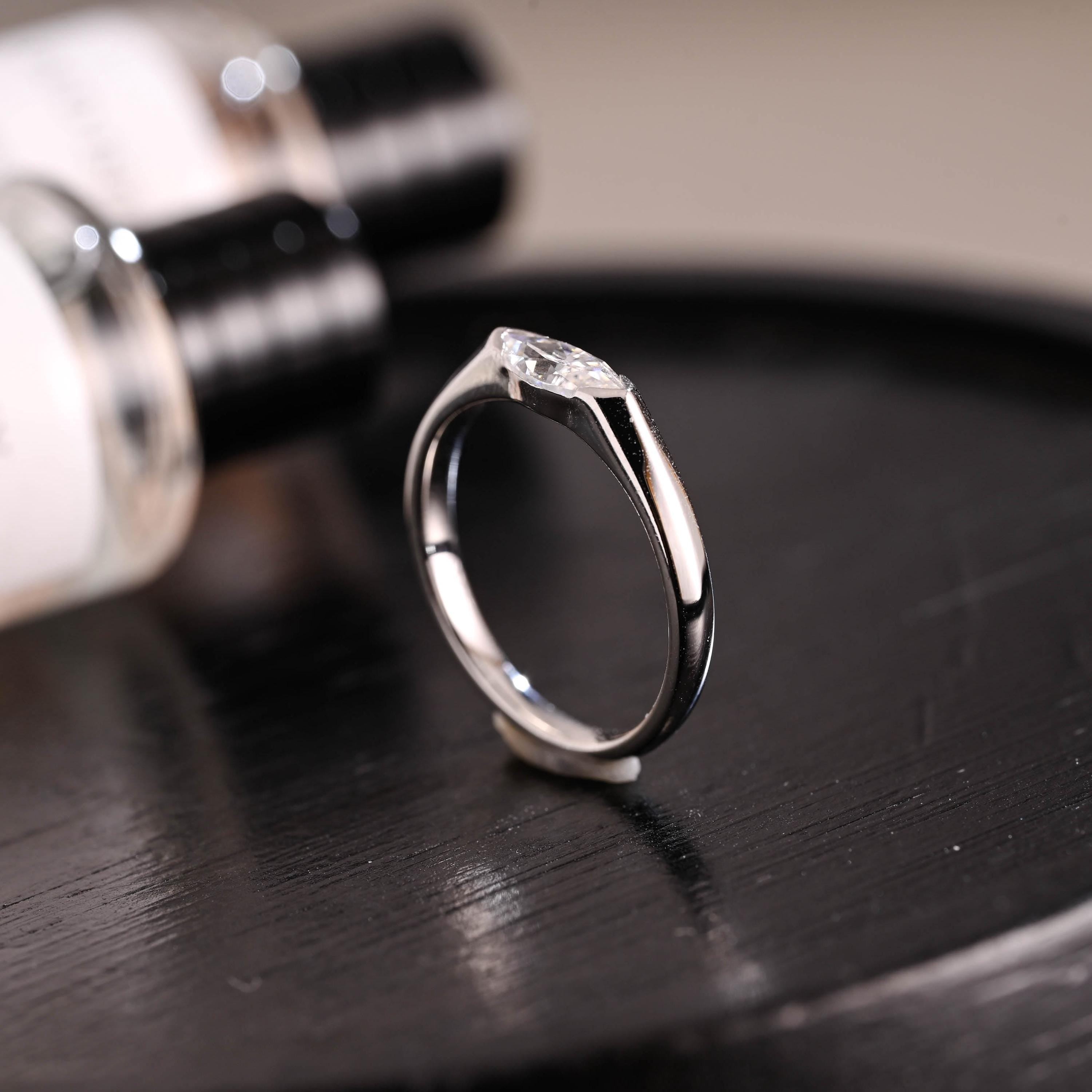 Solid Gold Marquise Moissanite Wedding Band, Matching Ring