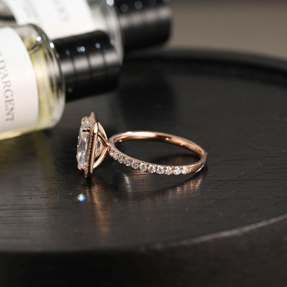 Solid Gold Radiant Cut Moissanite Engagement Ring, Halo Pave Vintage Style Wedding Ring