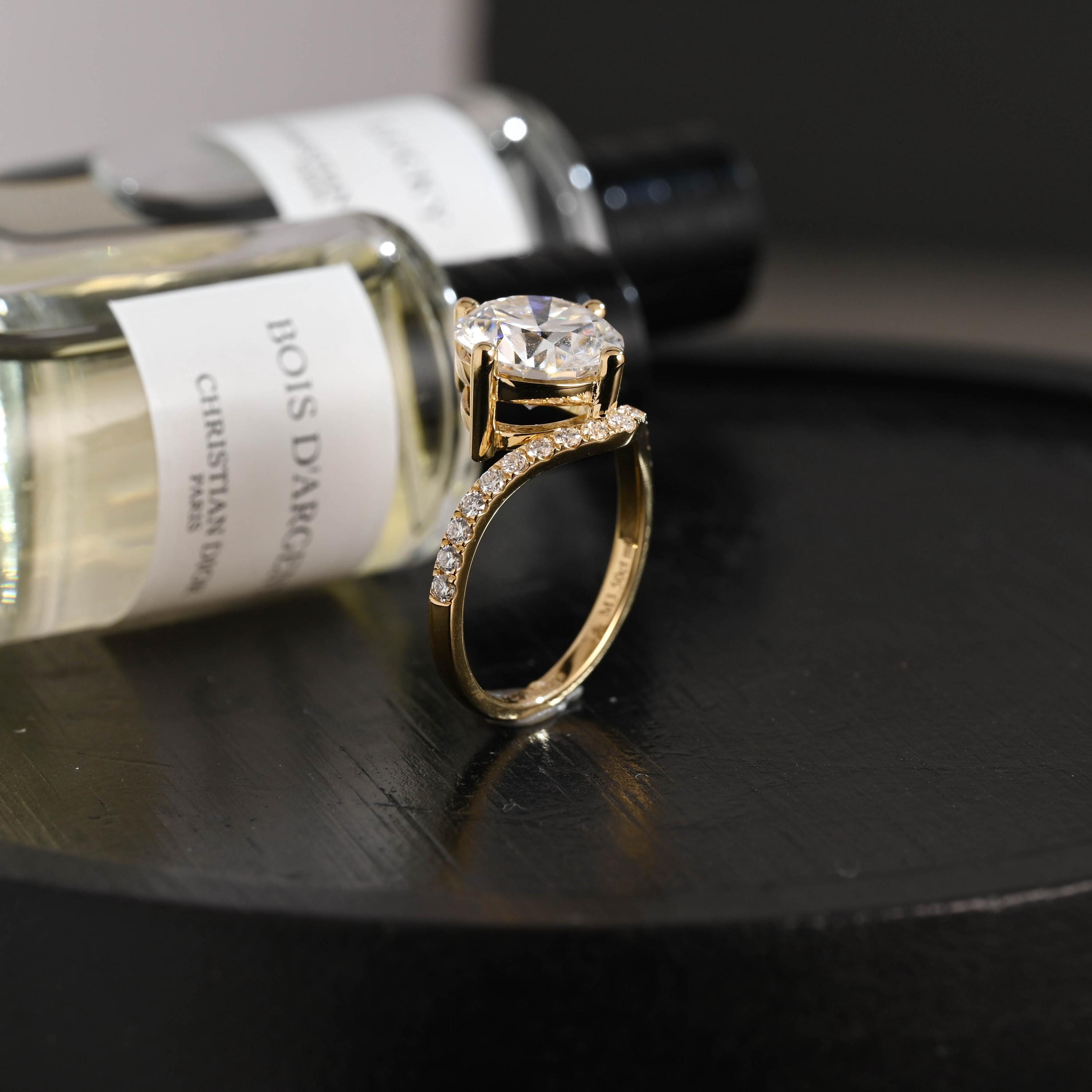 Solid Gold Round Cut Moissanite Sandwich Setting Engagement Ring, Wedding Ring