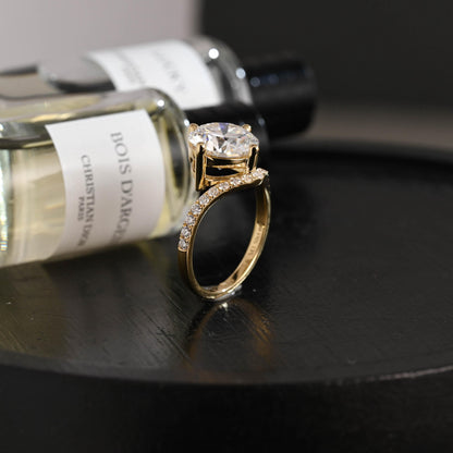 Solid Gold Round Cut Moissanite Sandwich Setting Engagement Ring, Wedding Ring