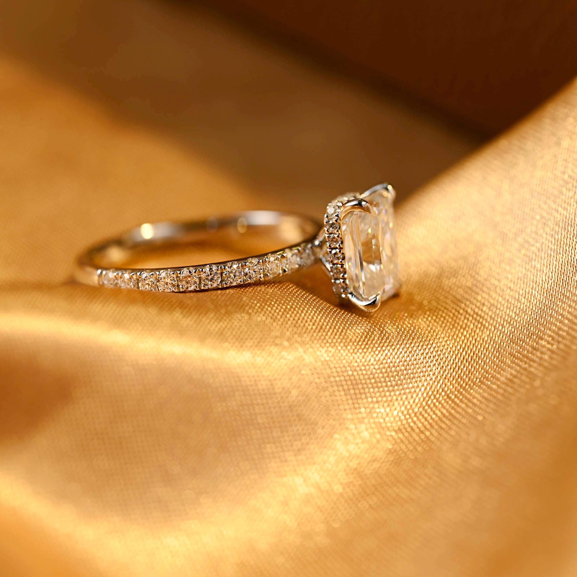 Solid Gold Radiant Cut Moissanite Engagement Ring, Hidden Halo Pave Wedding Ring
