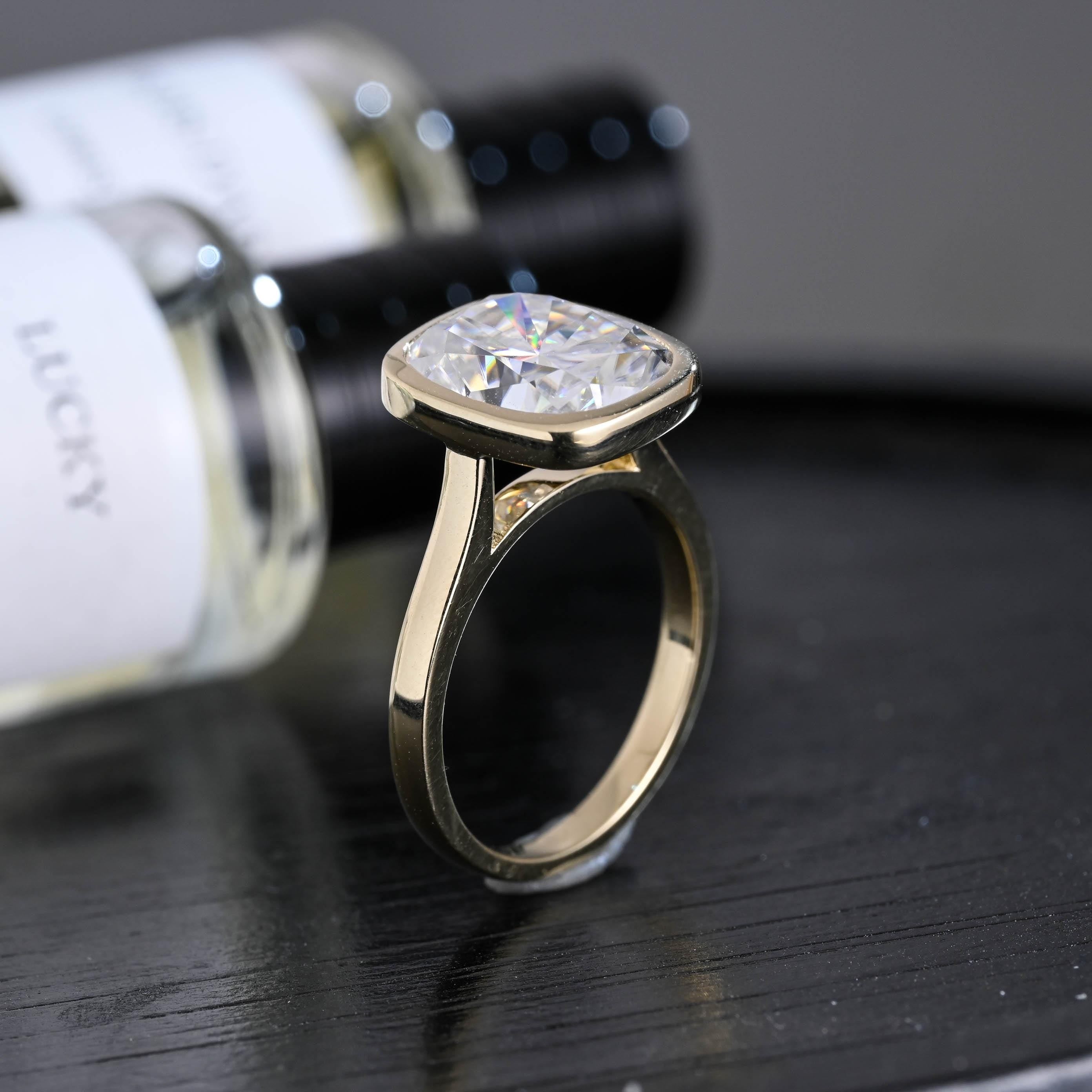 Solid Gold Bezel Elongated Cushion Cut Moissanite Engagement Ring, Anniversary Gift for Women