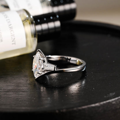 Solid Gold Bypass Marquise Moissanite Ring, Trapezoid Accent Stones, Statement Ring