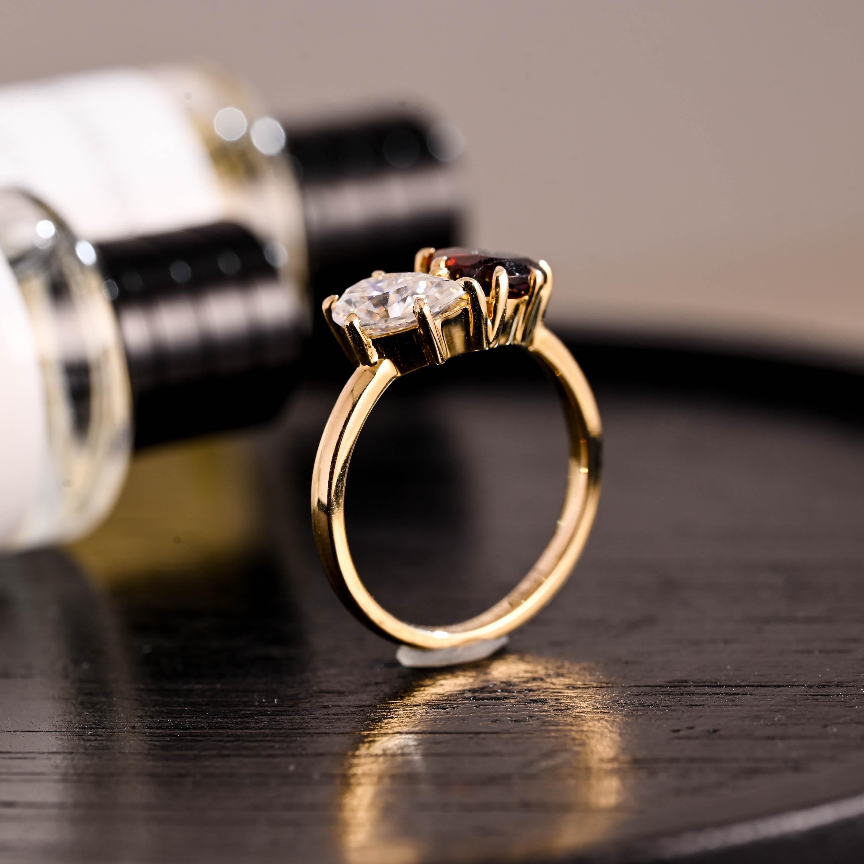 Toi et Moi Garnet Ring Pear Moissanite Engagement Ring, Solid Gold Heart Shaped Garnet Ring