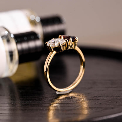 Toi et Moi Garnet Ring Pear Moissanite Engagement Ring, Solid Gold Heart Shaped Garnet Ring
