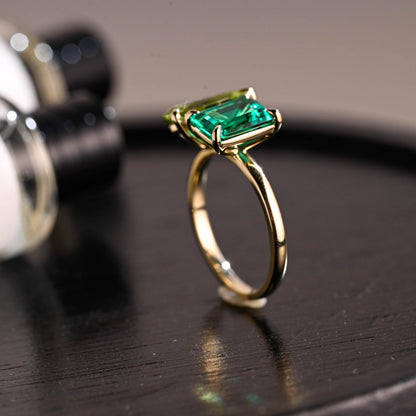 Solid Gold Toi et Moi Ring, Pear Cut Peridot & Lab Grown Emerald Engagement Ring