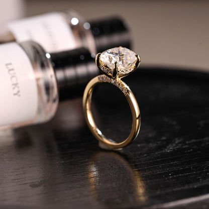 Solid Gold Hidden Halo Oval Cut Moissanite Engagement Ring, Anniversary Ring for Her