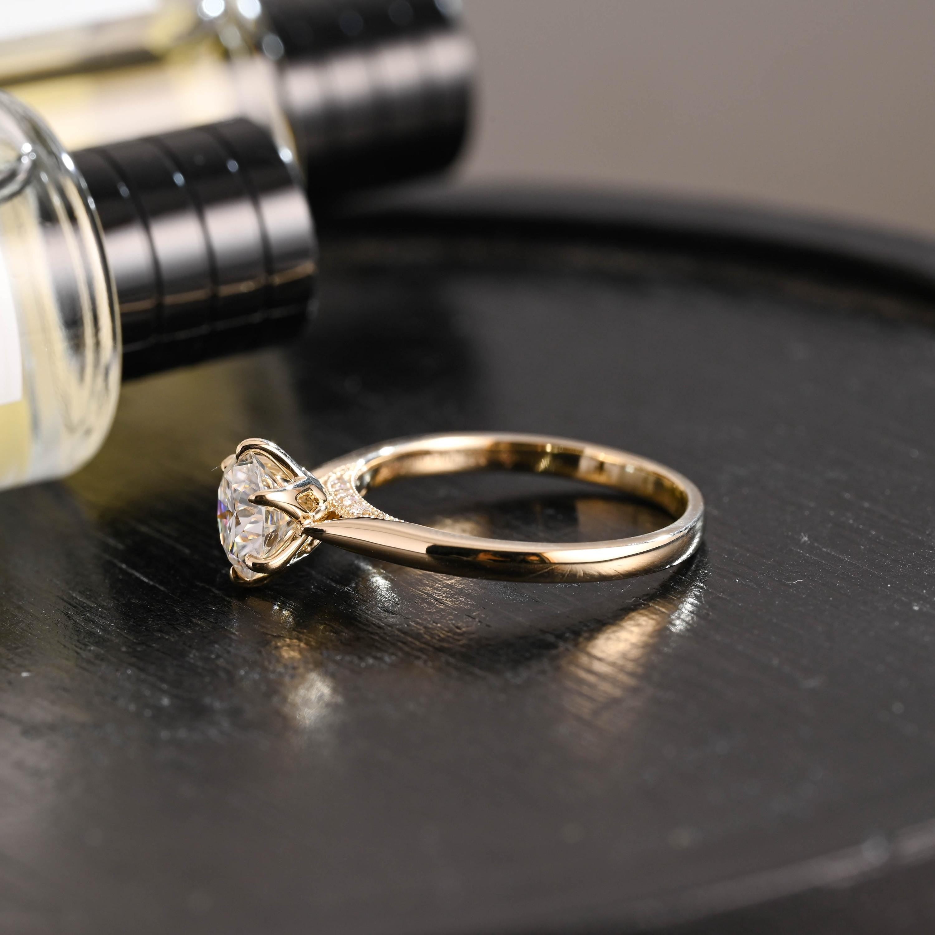 Tulip Solid Gold Round Cut Moissanite Engagement Ring, Bridge Accented with stones Proposal Ring