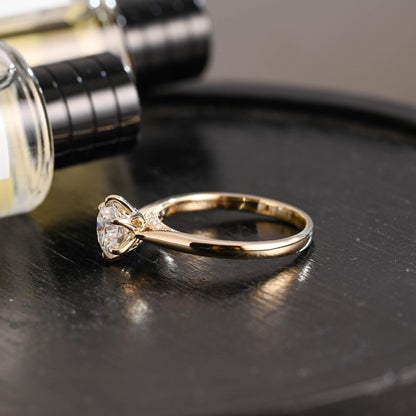 Tulip Solid Gold Round Cut Moissanite Engagement Ring, Bridge Accented with stones Proposal Ring