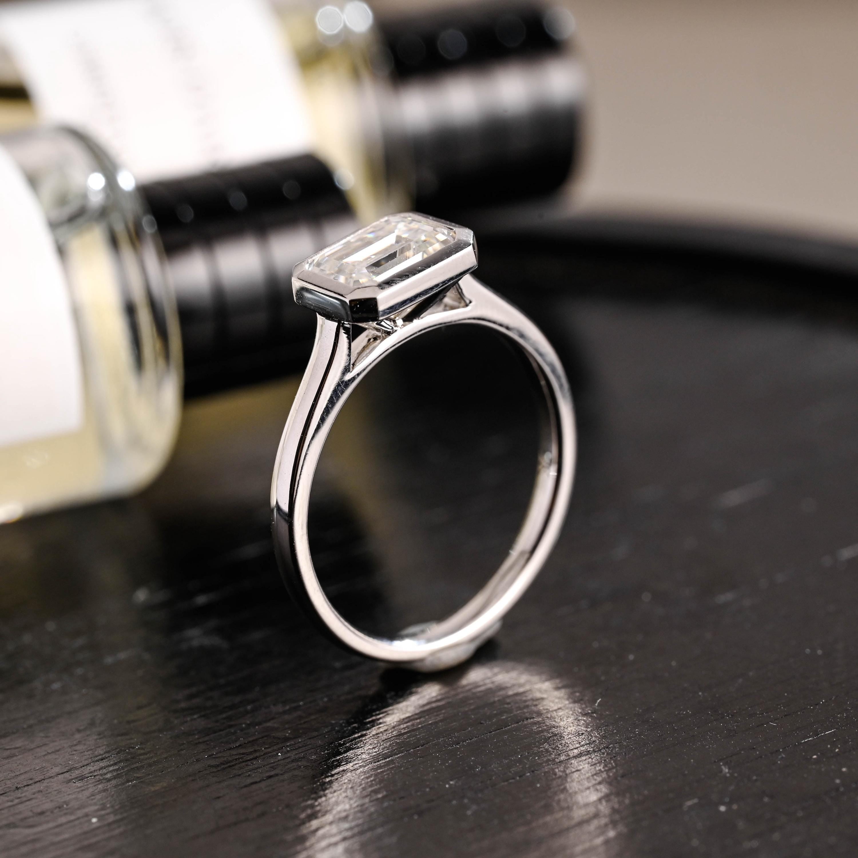 Solid Gold Emerald Cut Moissanite Engagement Ring, Bezel Proposal Ring, Promise Ring, Anniversary Gift for Birthday Gift Women