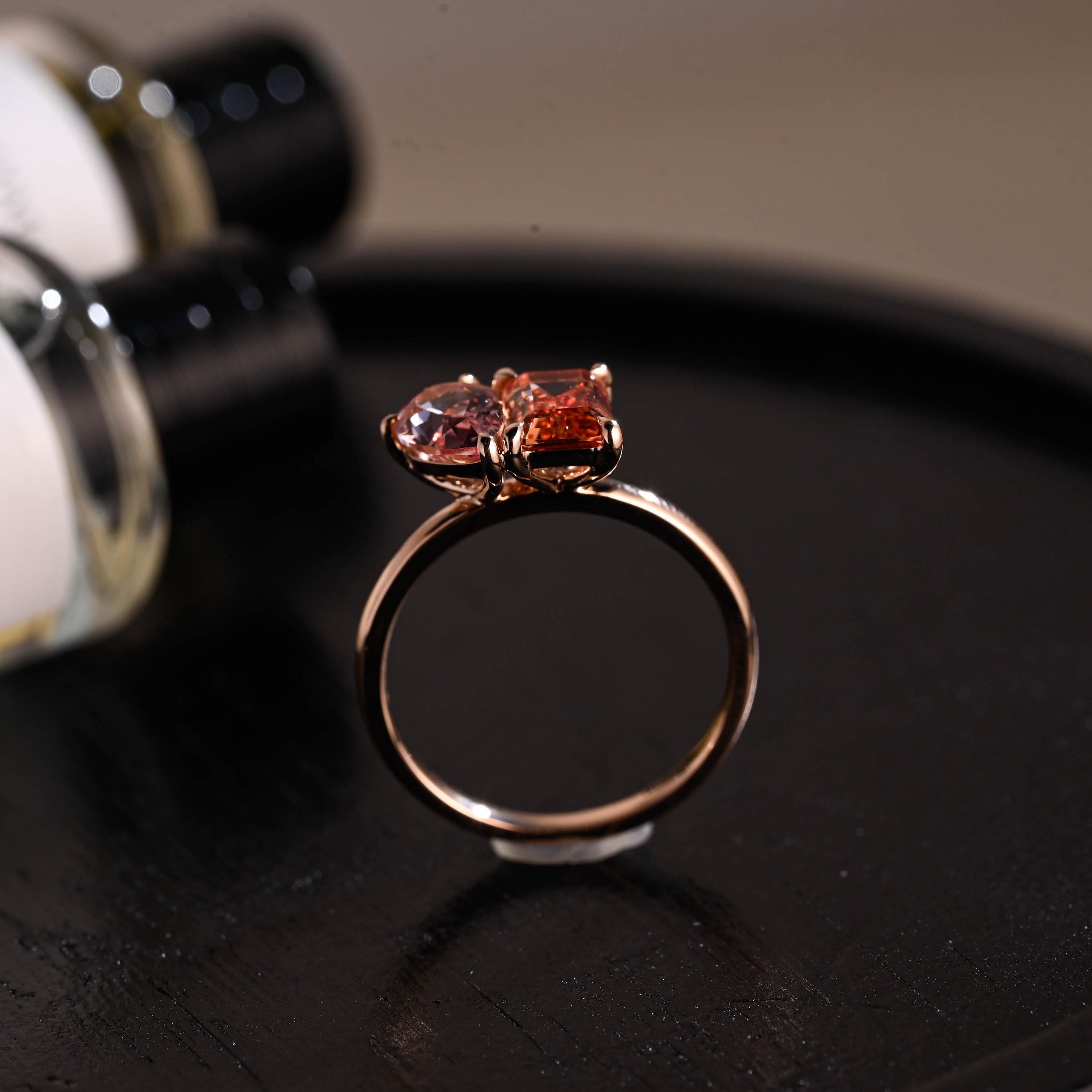 Solid Gold Lab Grown Orange & Pink Sapphire Toi et Moi Wedding Ring, Memorial Two Stone Engagement Ring