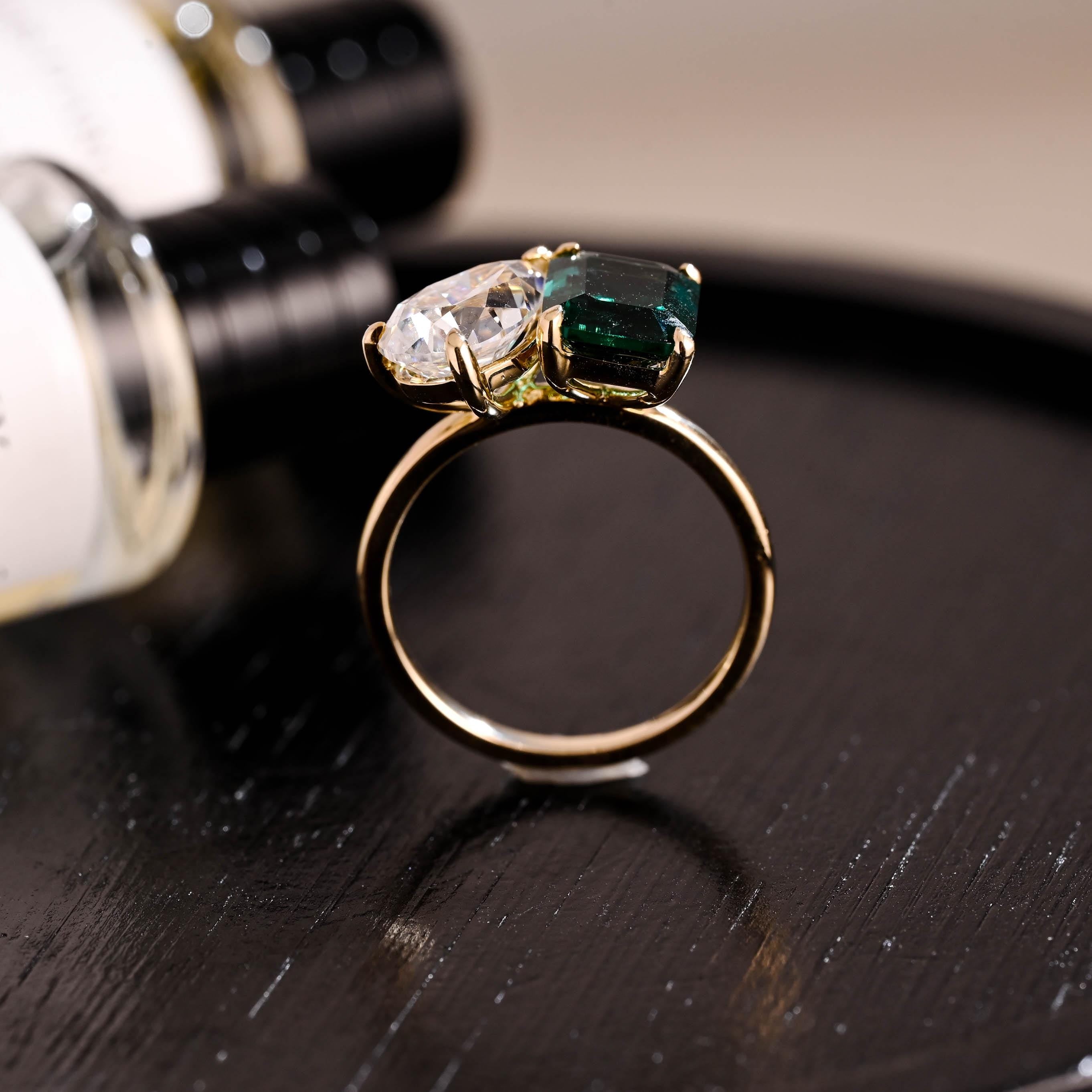 Solid Gold Toi et Moi Ring, Pear Cut & Emerald Cut Green Moissanite Engagement Ring, Two Stone Ring
