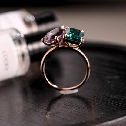 Solid Gold Lab Grown Emerald Toi et Moi Wedding Ring, Pear Alexandrite Two Stone Engagement Ring