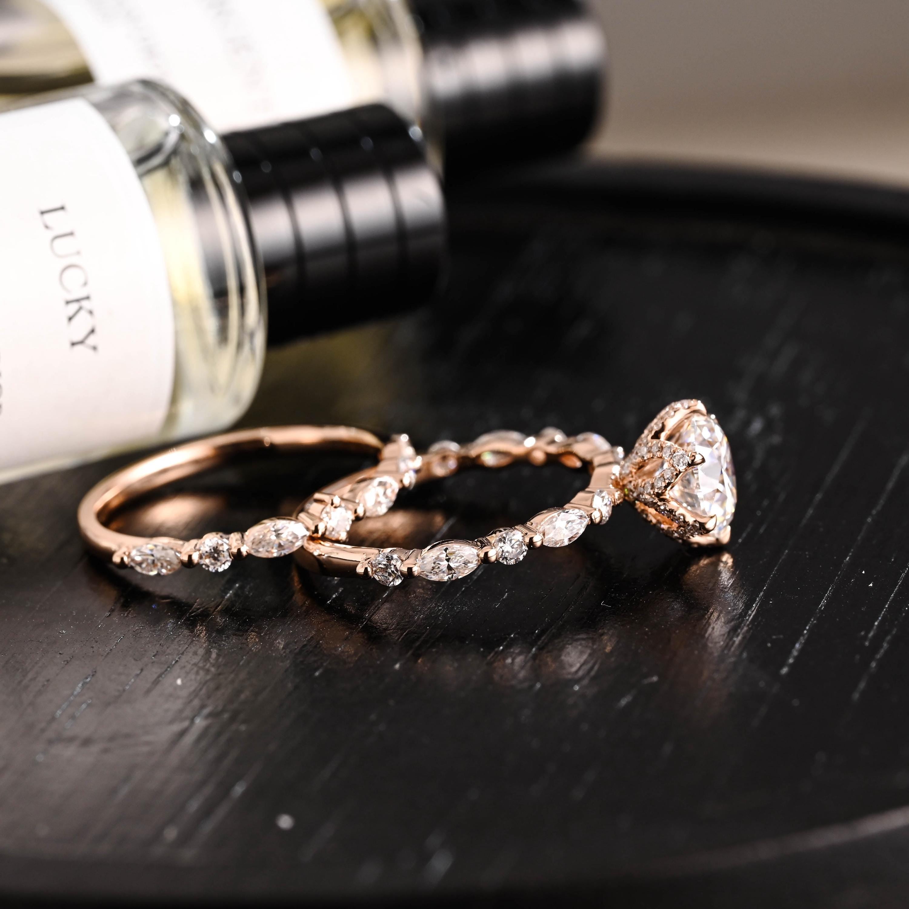 Solid Gold Round Cut Moissanite Engagement Ring Set, Marquise Bridal Round Wedding Ring Set