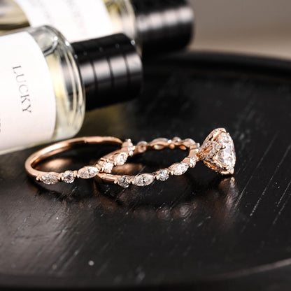 Solid Gold Round Cut Moissanite Engagement Ring Set, Marquise Bridal Round Wedding Ring Set