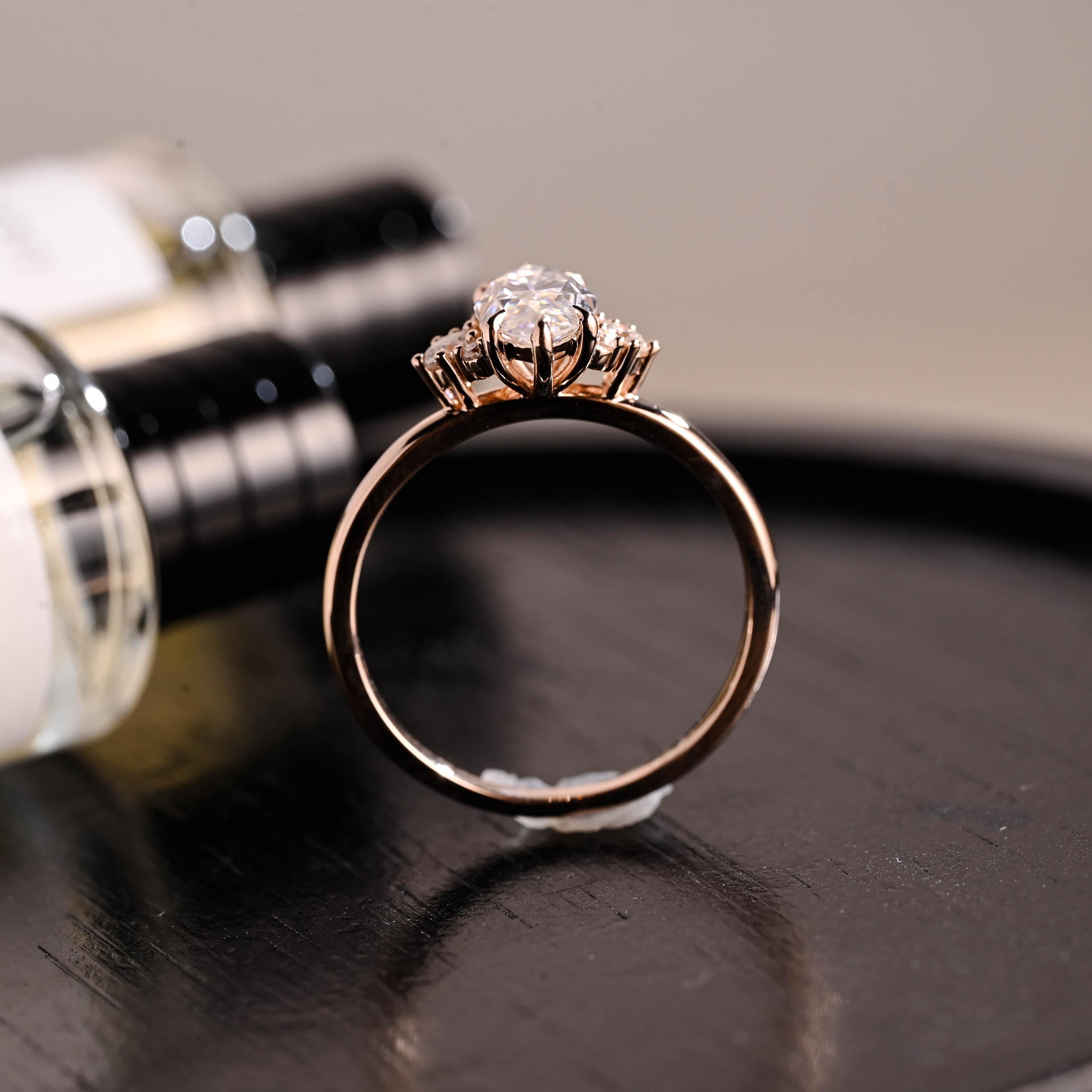 Marquise Cut Moissanite Engagement Ring, Starburst Side Cluster, Anniversary Gift
