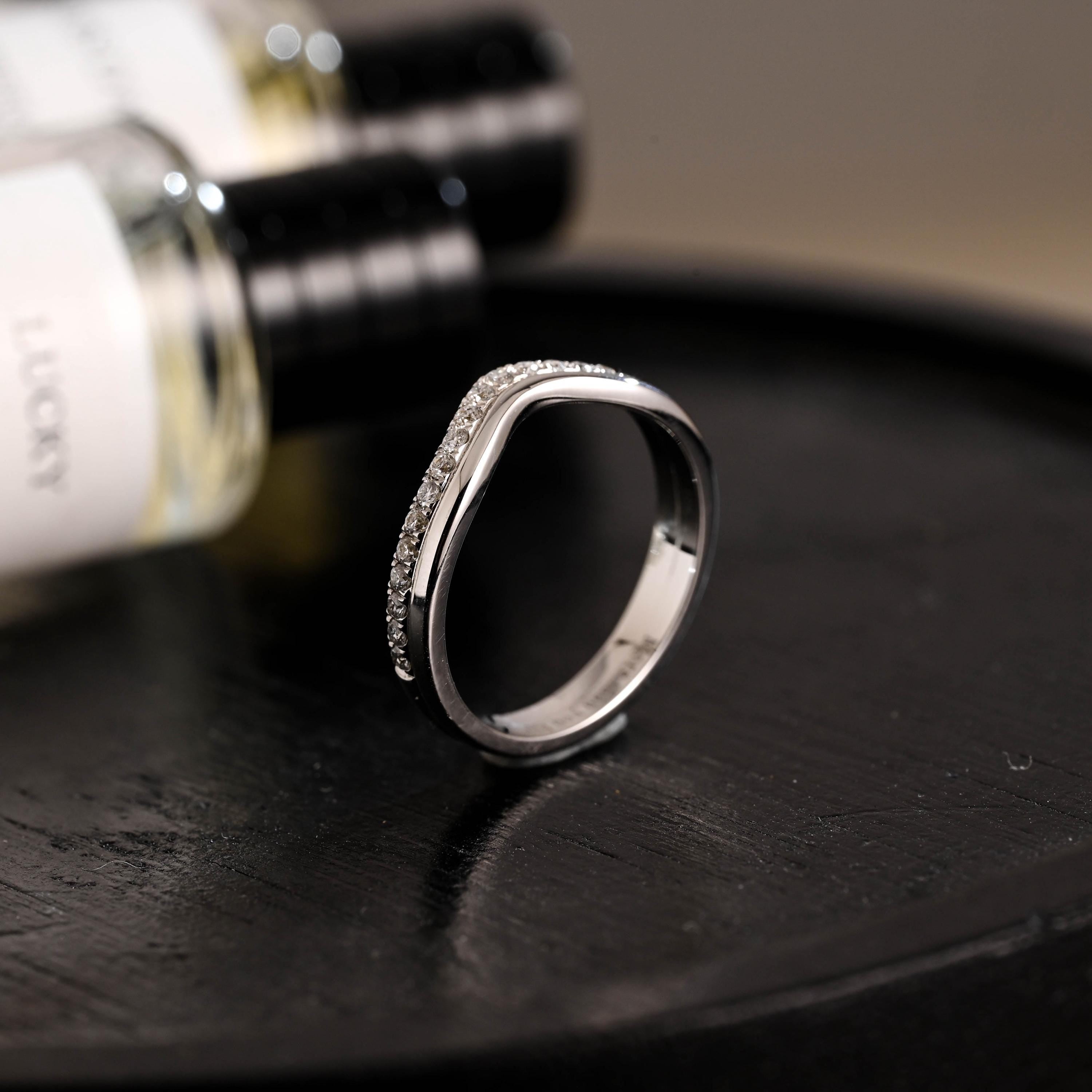 Solid Gold Curved Moissanite Wedding Band, Matching Ring