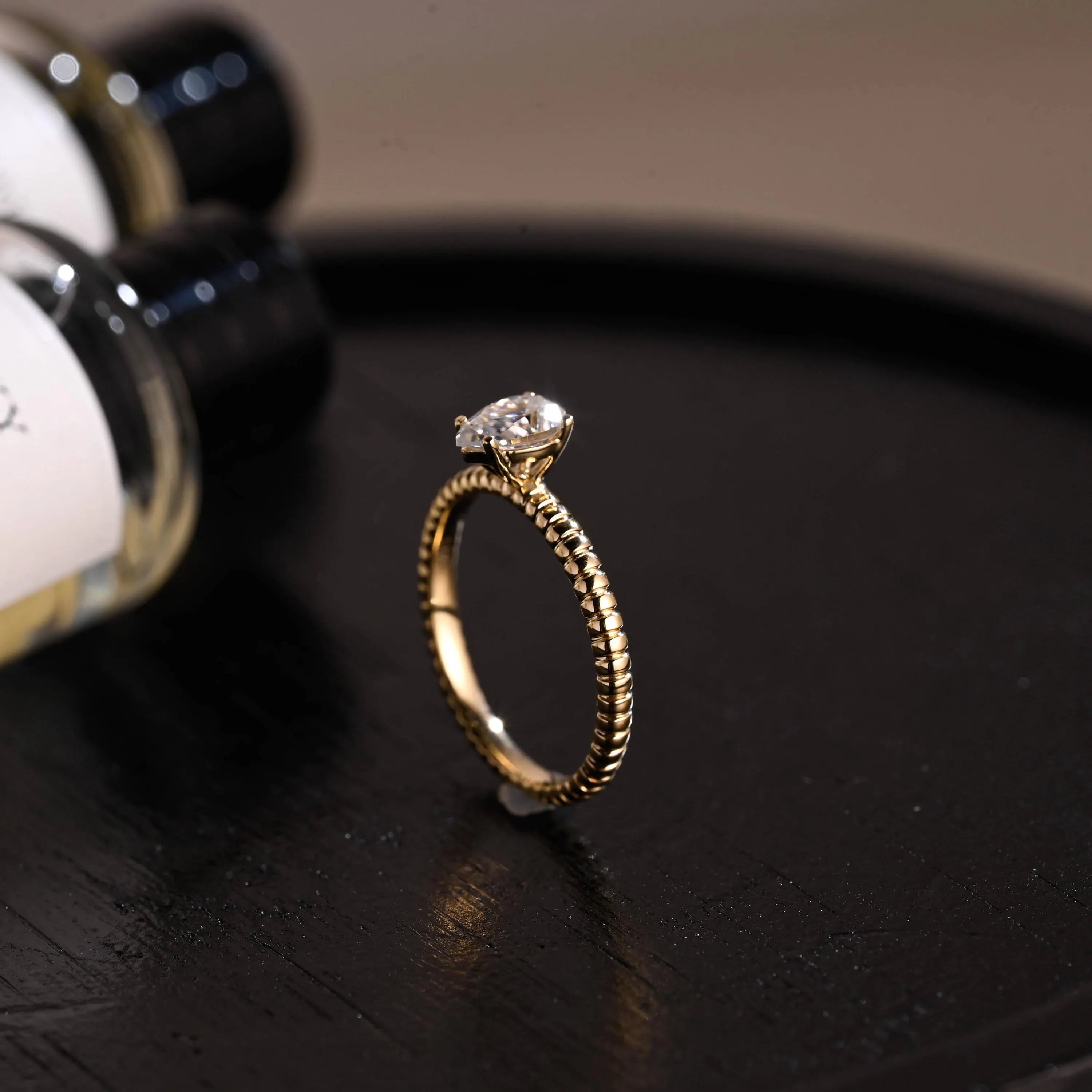 Solid Gold Pear Cut Moissanite Engagement Ring, Twisted Band Solitaire Pear Moissanite Wedding Ring