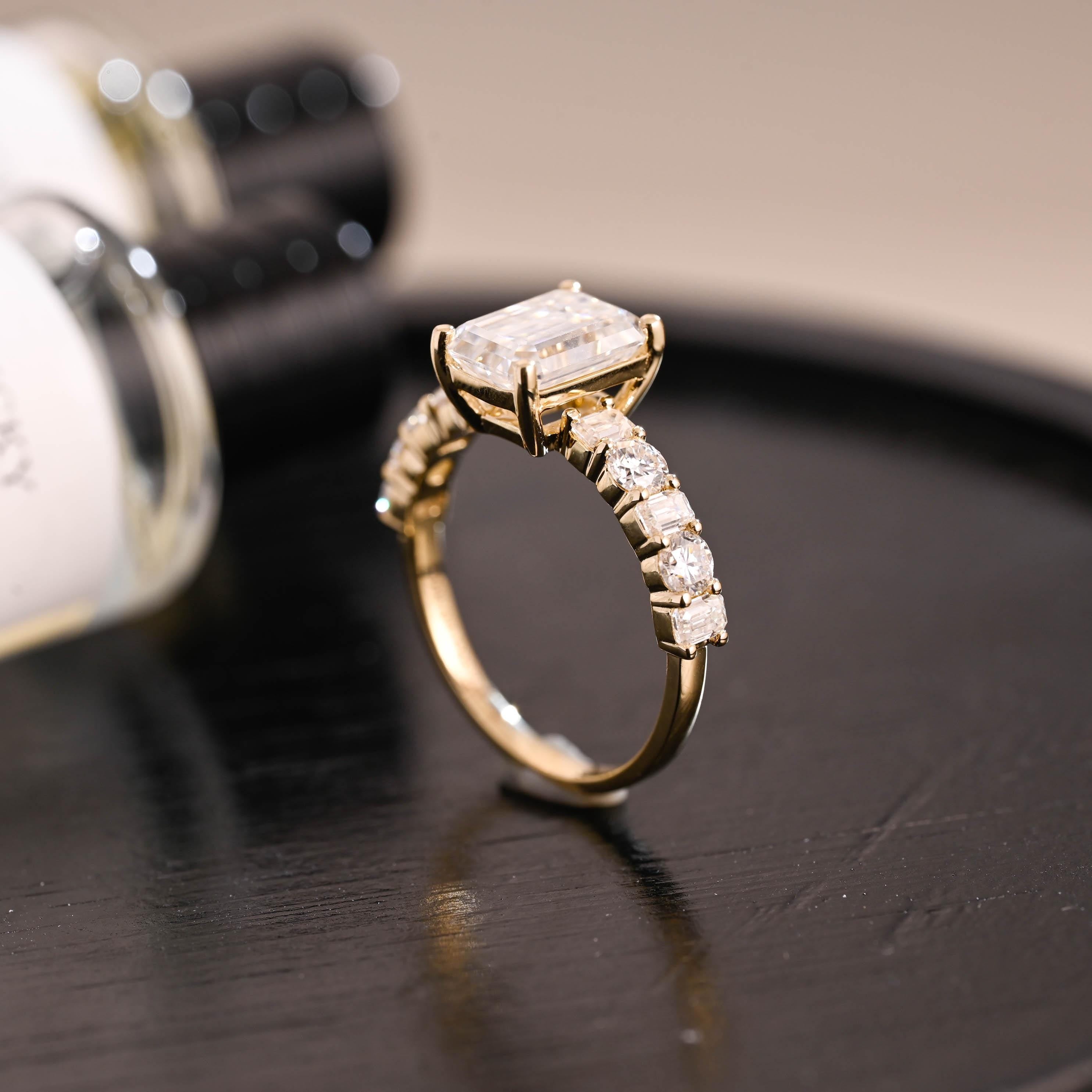 Solid Gold Emerald Cut Moissanite Engagement Ring, Low Setting Emerald Cut Wedding Ring, Side Pave Anniversary Ring, Moissanite Promise Ring