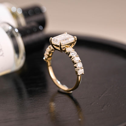 Solid Gold Emerald Cut Moissanite Engagement Ring, Low Setting Emerald Cut Wedding Ring, Side Pave Anniversary Ring, Moissanite Promise Ring