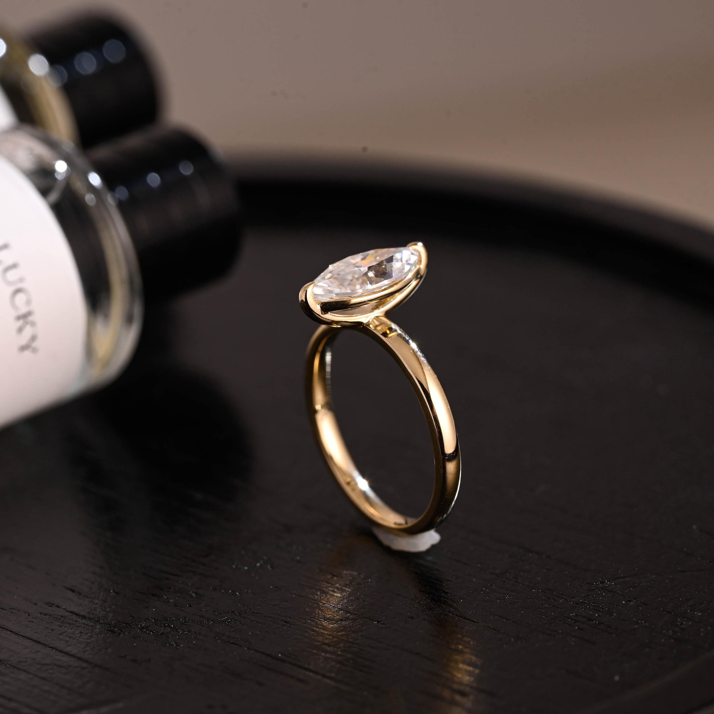 Solid Gold Solitaire Marquise Cut Moissanite Engagement Ring, Two Prongs Setting