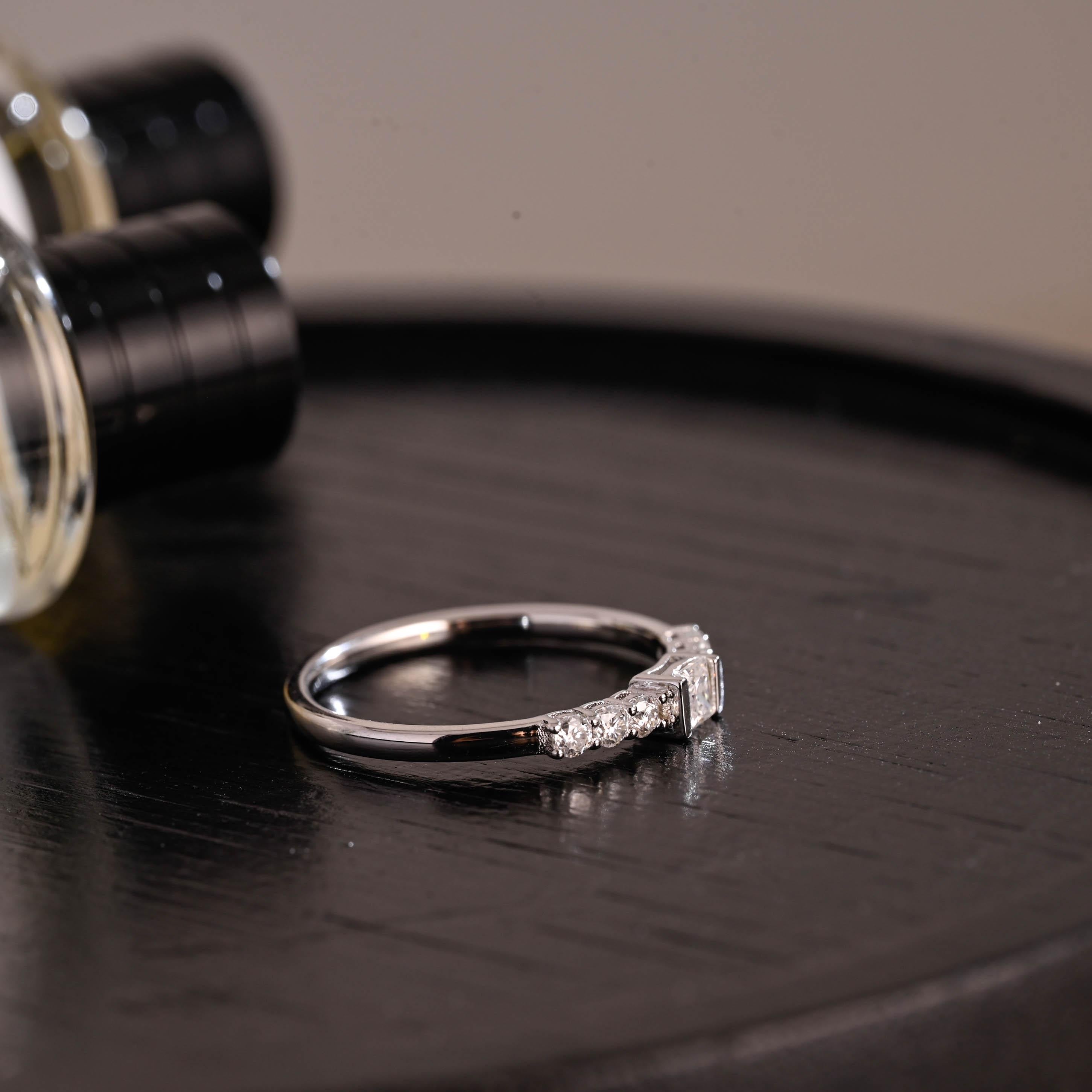 Solid Gold Moissanite Wedding Band, Princess & Round Cut Ring
