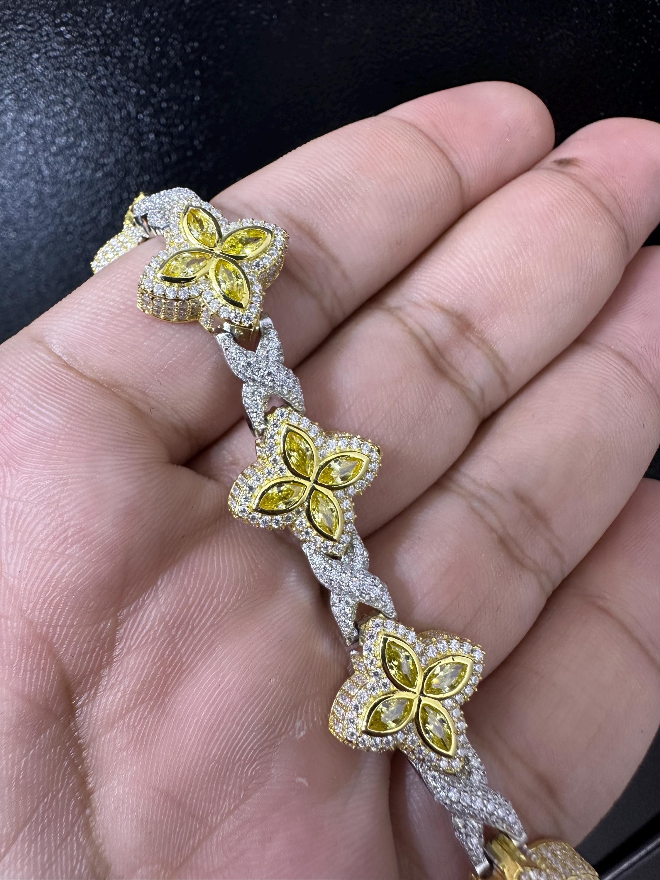 Iced Out Clover Bracelet: 9.04CT Yellow Sapphire, Moissanite, Sterling Silver