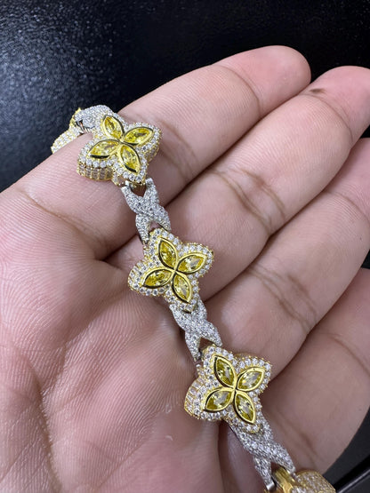 Iced Out Clover Bracelet: 9.04CT Yellow Sapphire, Moissanite, Sterling Silver
