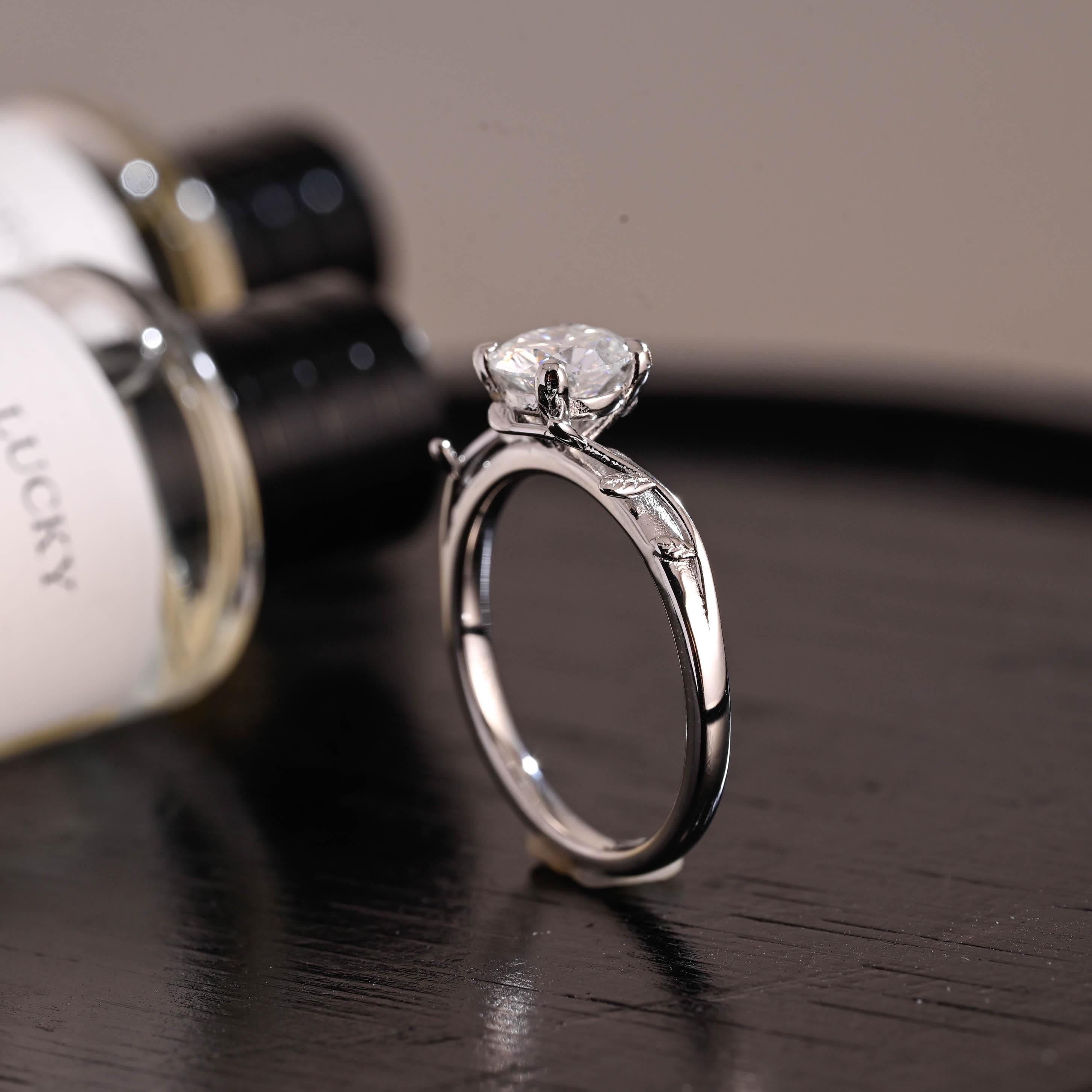 Branch Design Solid Gold Round Cut Moissanite Engagement Ring, Promise Ring, Wedding Ring