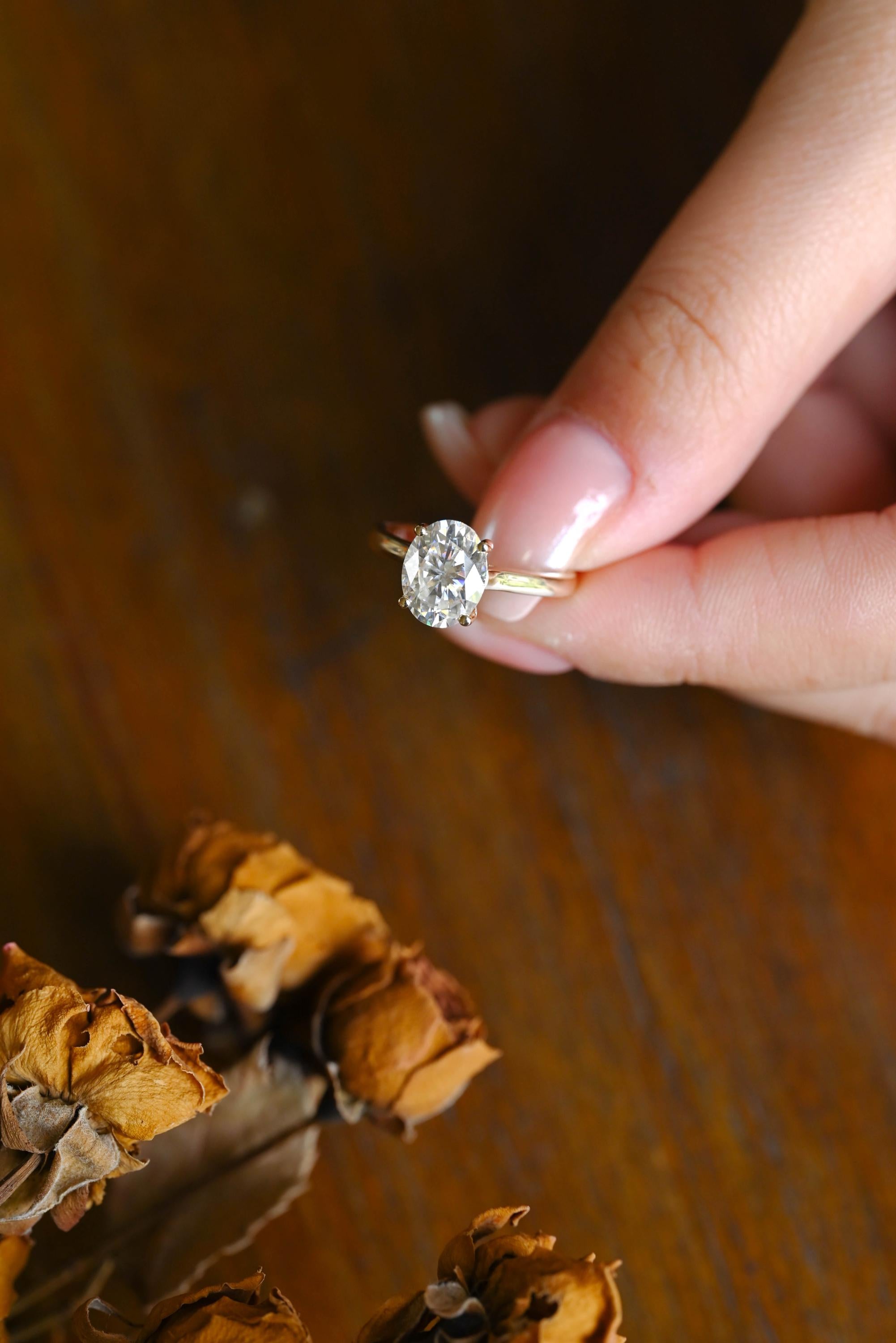 Solid Gold Oval Cut Moissanite Engagement Ring, Anniversary Gift Birthday Gift for Women Wife