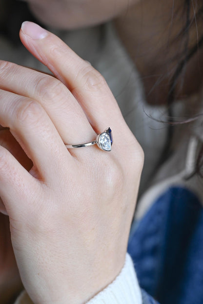 Bezel Solid Gold Emerald Cut Lab Grown Sapphire & Pear Cut Moissanite Toi et Moi Engagement Ring