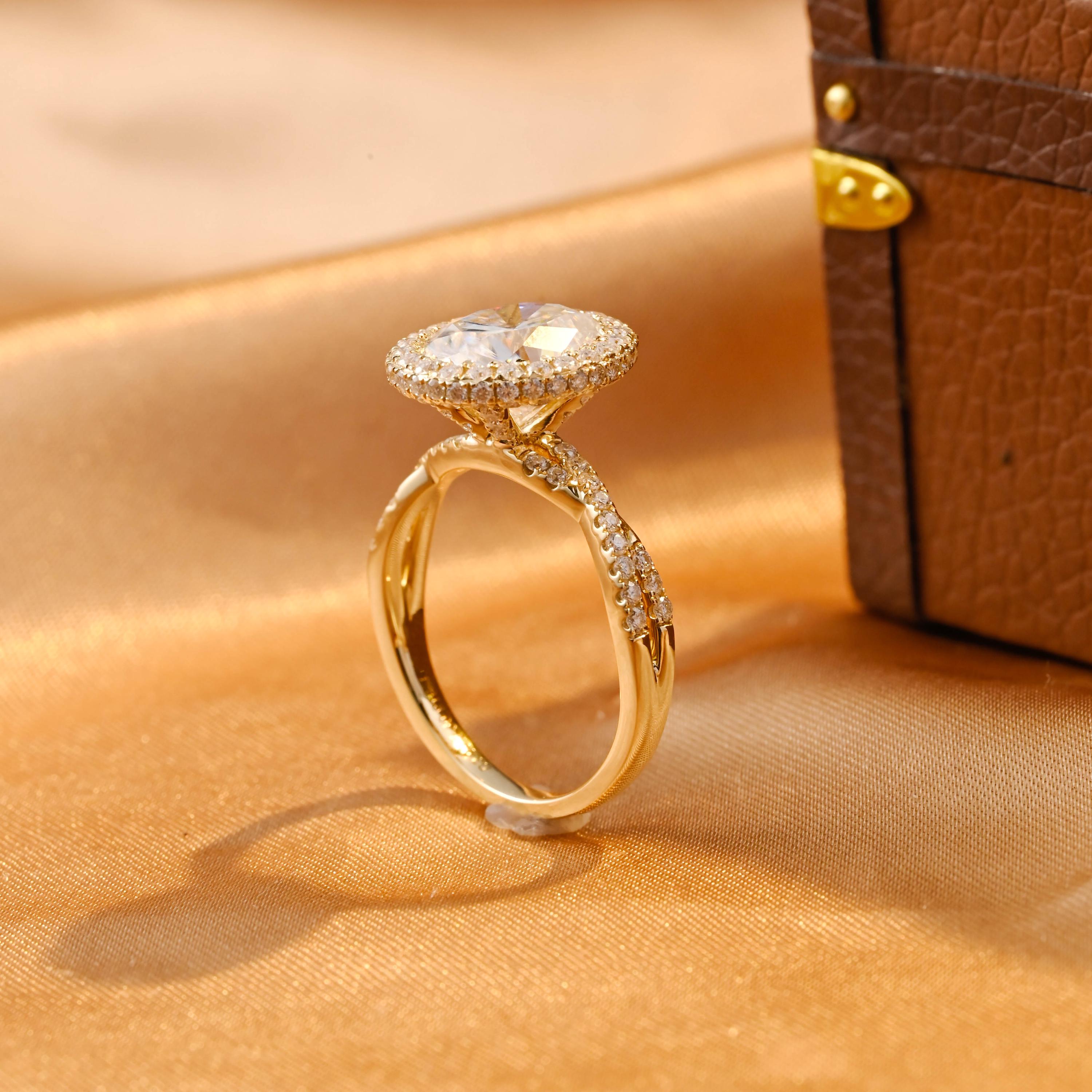 Solid Gold Twisted Band Oval Cut Moissanite Engagement Ring, Halo Wedding Ring