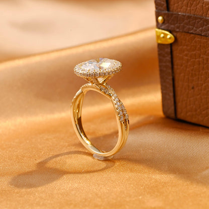 Solid Gold Twisted Band Oval Cut Moissanite Engagement Ring, Halo Wedding Ring