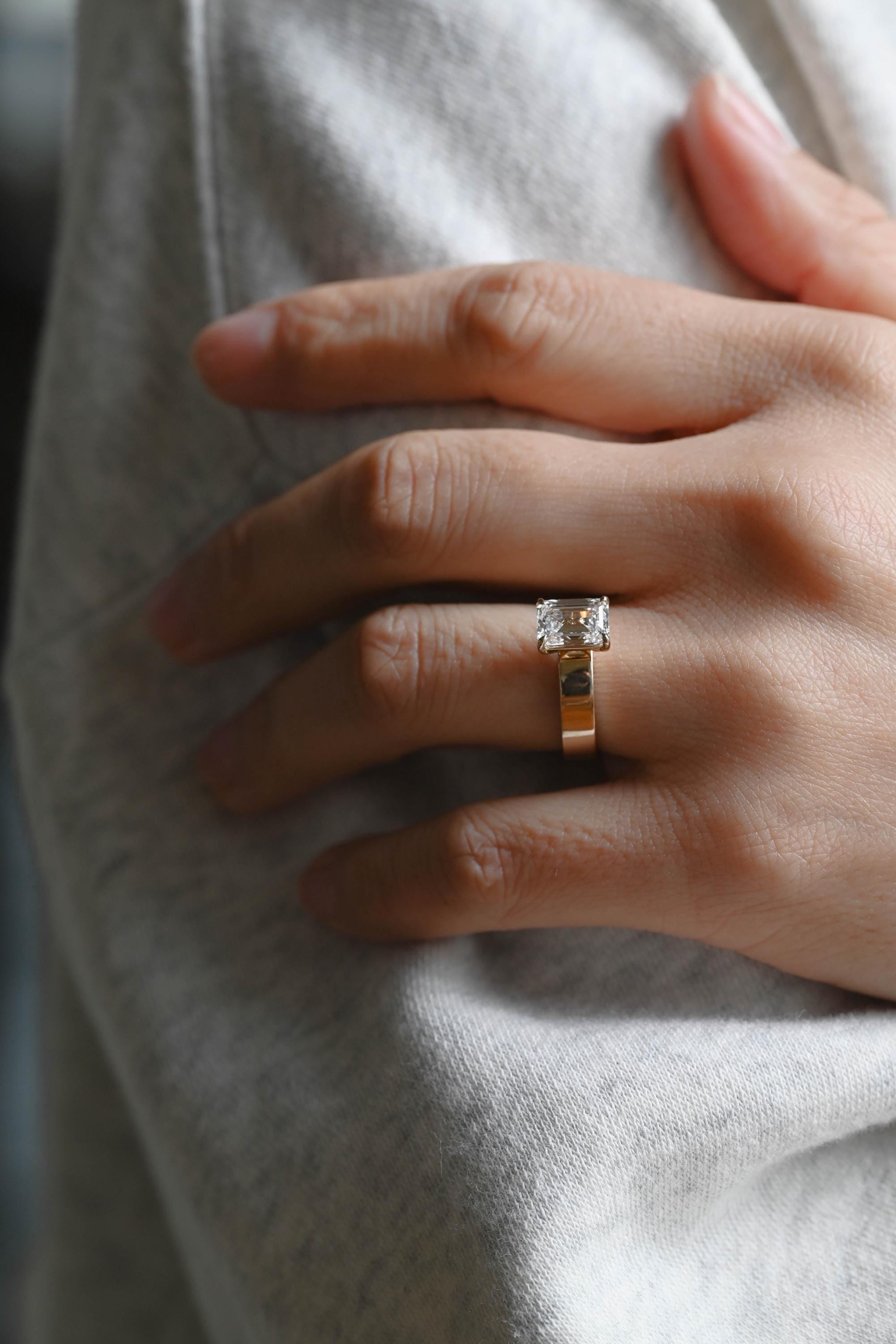 Solid Gold Emerald Cut Moissanite Engagement Ring, 4mm Wide Band Solitaire Ring, Gift for Her