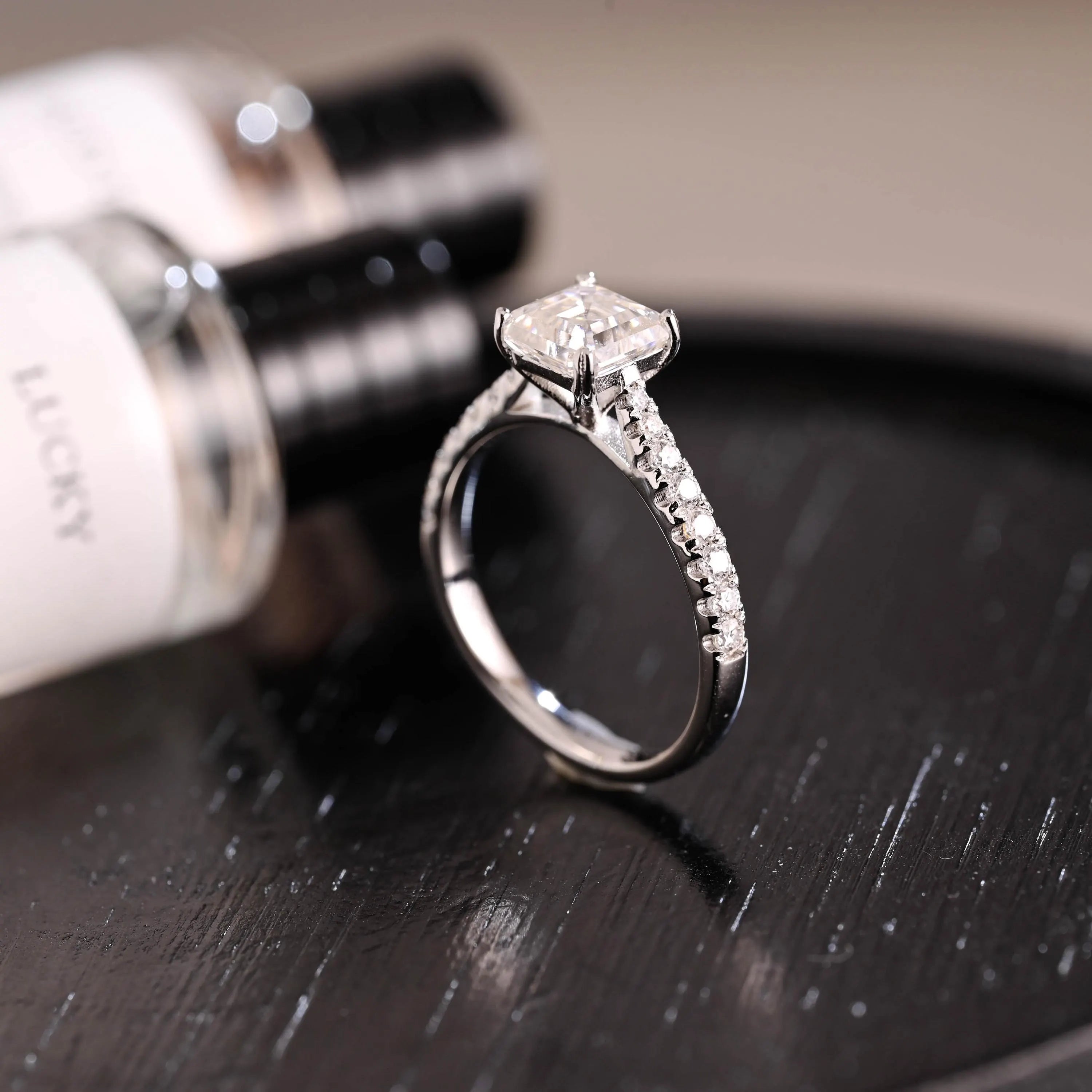 Solid Gold Half Eternity Asscher Cut Moissanite Engagement Ring, Anniversary Gift for Women Wife