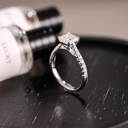 Solid Gold Half Eternity Asscher Cut Moissanite Engagement Ring, Anniversary Gift for Women Wife