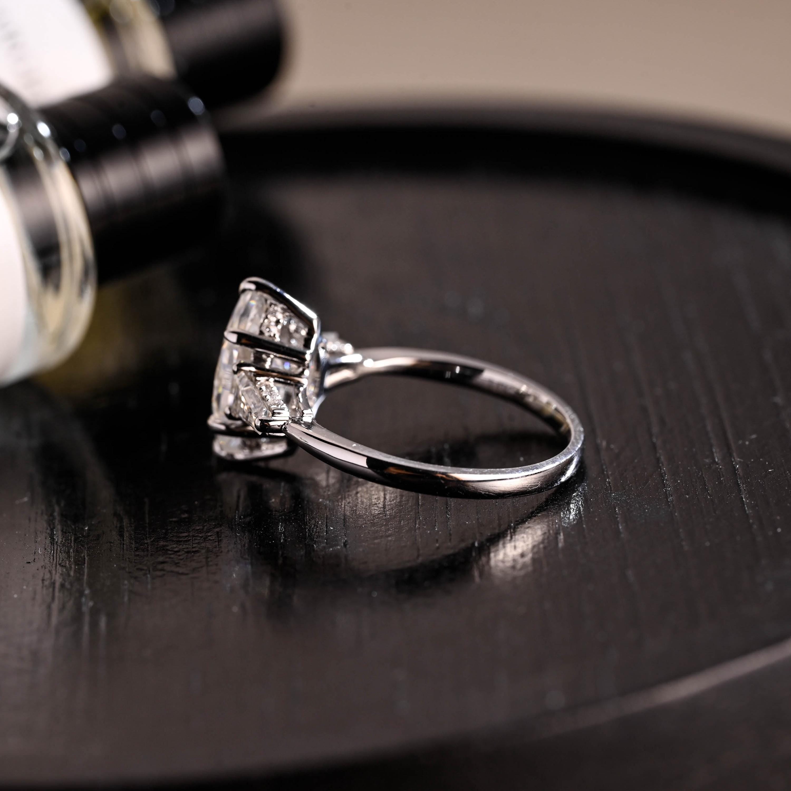 Hidden Halo Marquise Moissanite Solid Gold Engagement Ring, Three Stone Statement Ring