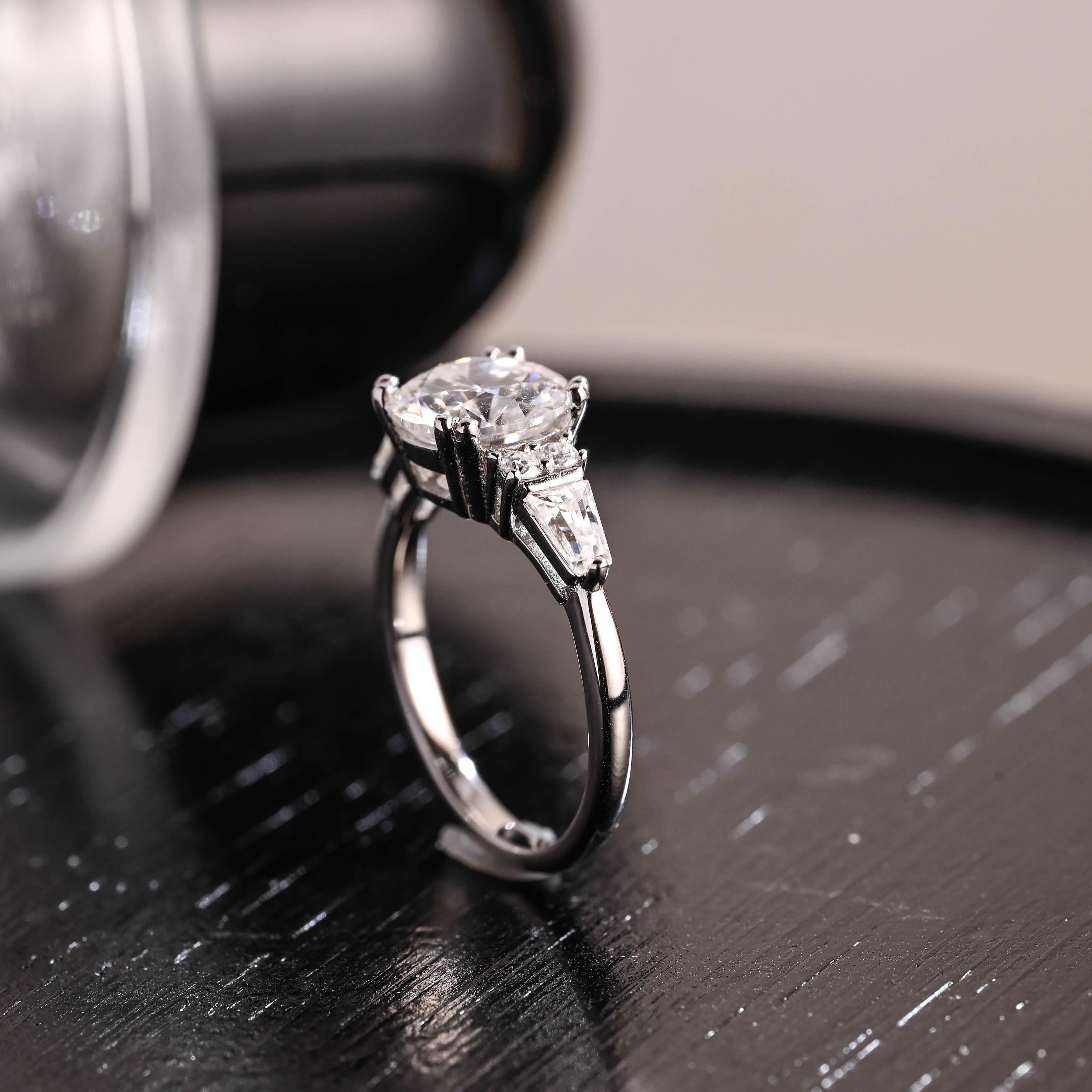 Three Stone Round Cut Moissanite Engagement Ring, Trapezoid Accents Round Cut Double Prongs Wedding Ring