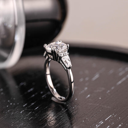 Three Stone Round Cut Moissanite Engagement Ring, Trapezoid Accents Round Cut Double Prongs Wedding Ring
