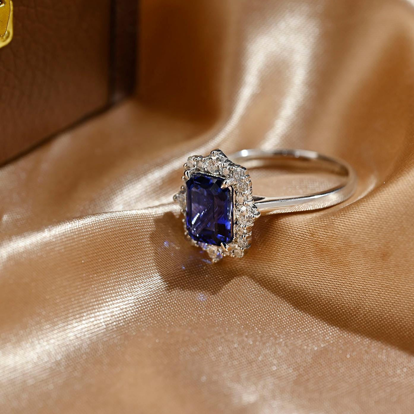 Solid Gold Emerald Cut Lab Grown Sapphire Engagement Ring, Halo Moissanite Wedding Ring, Anniversary Gemstone Ring, Moissanite Gifts