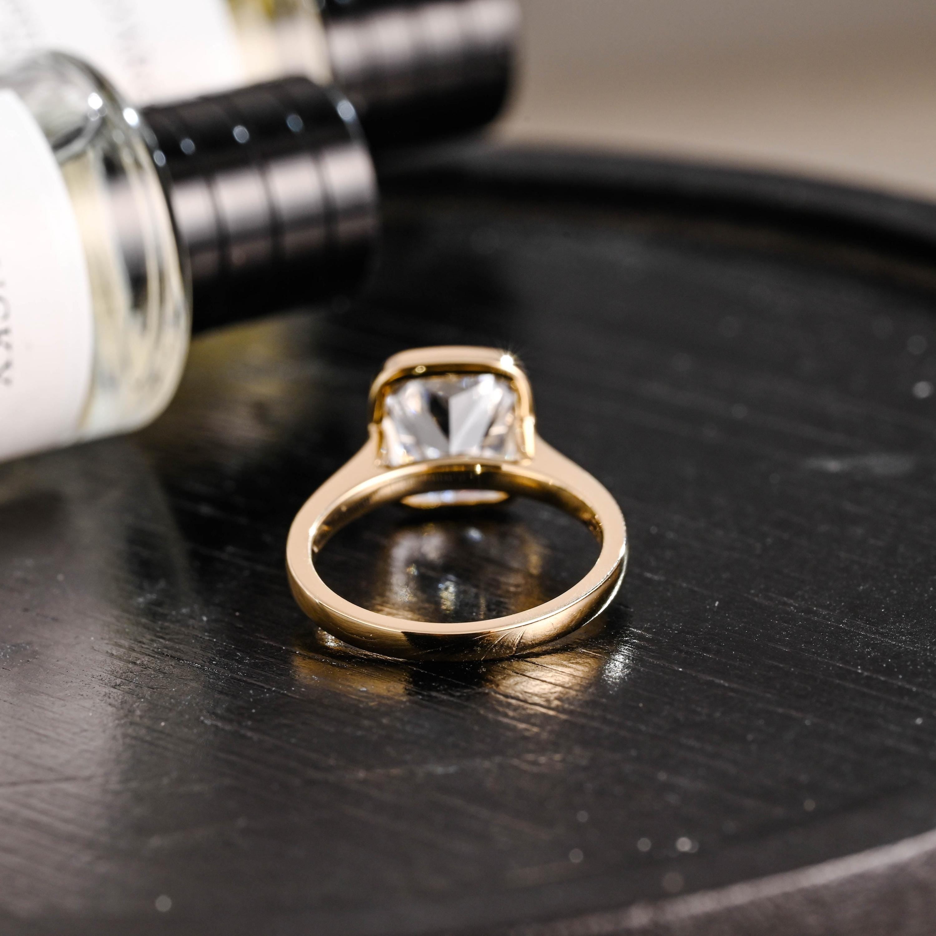 Solid Gold Bezel Elongated Cushion Cut Moissanite Engagement Ring, Proposal Ring, Promise Ring