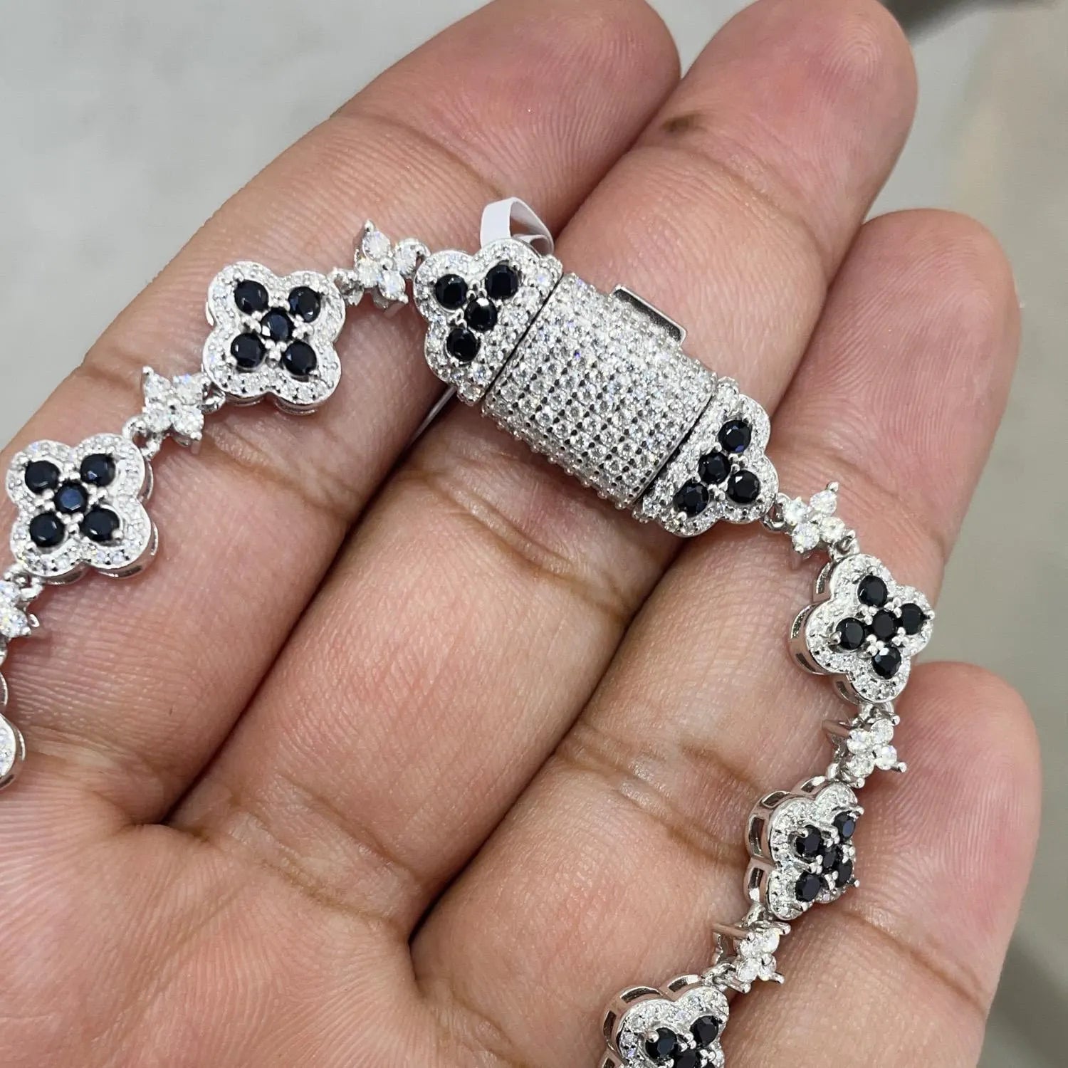 Moissanite Tennis Bracelet: Black Agate Clover, Sterling Silver, Iced Out Silver Bracelet, Diamond Bracelet, Black Clover Stone
