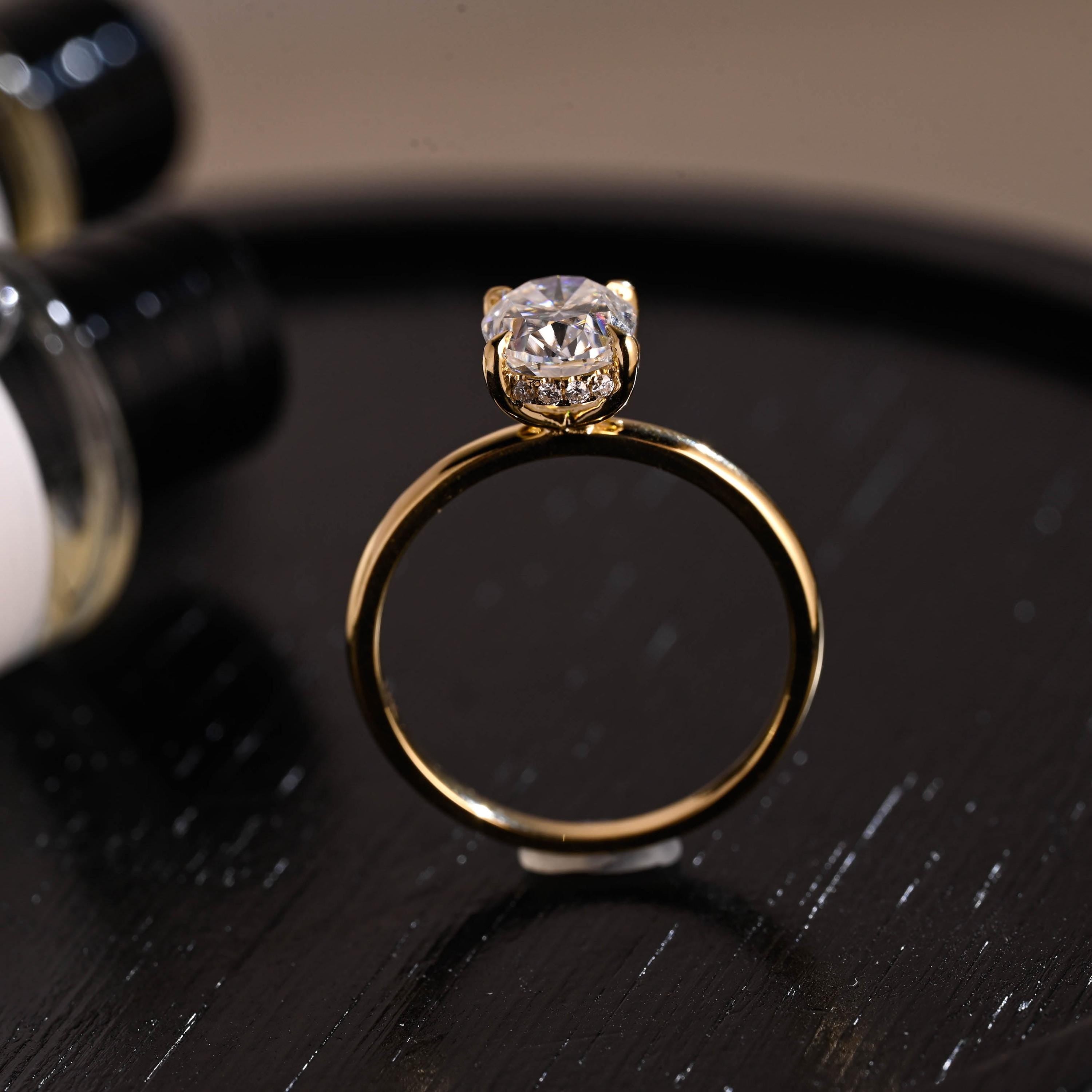 Solid Gold Oval Cut Moissanite Engagement Ring, Hidden Halo Wedding Ring