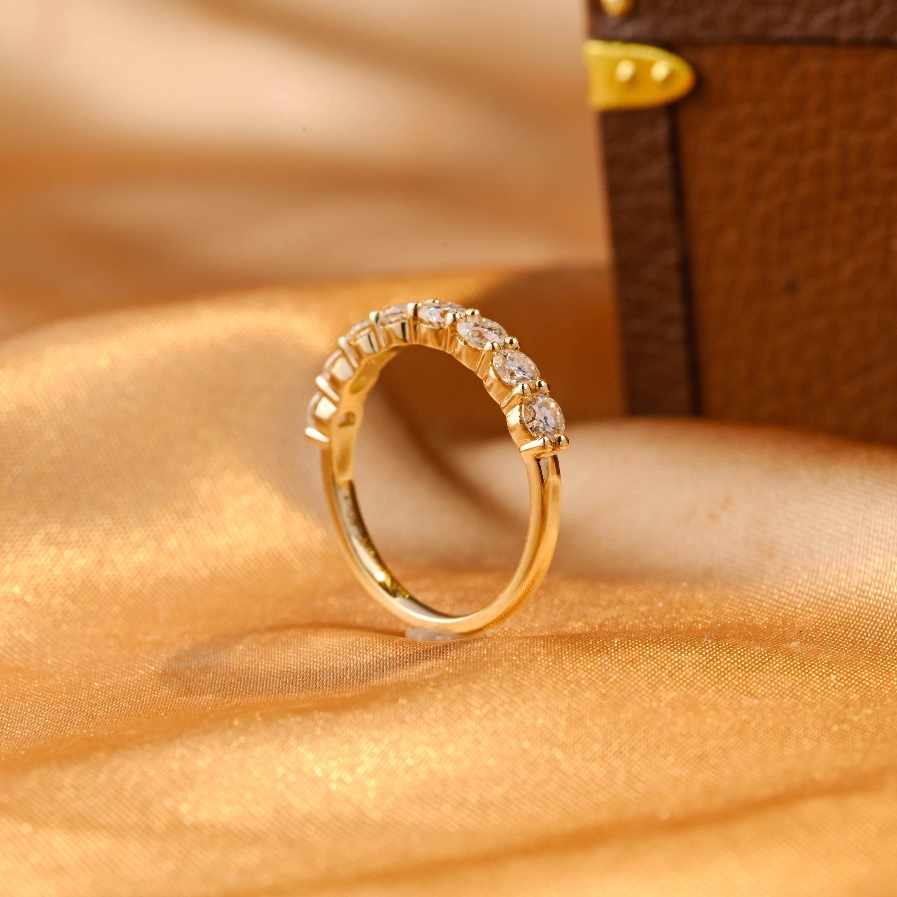 Solid Gold Moissanite Half Eternity Wedding Band, Anniversary Gift