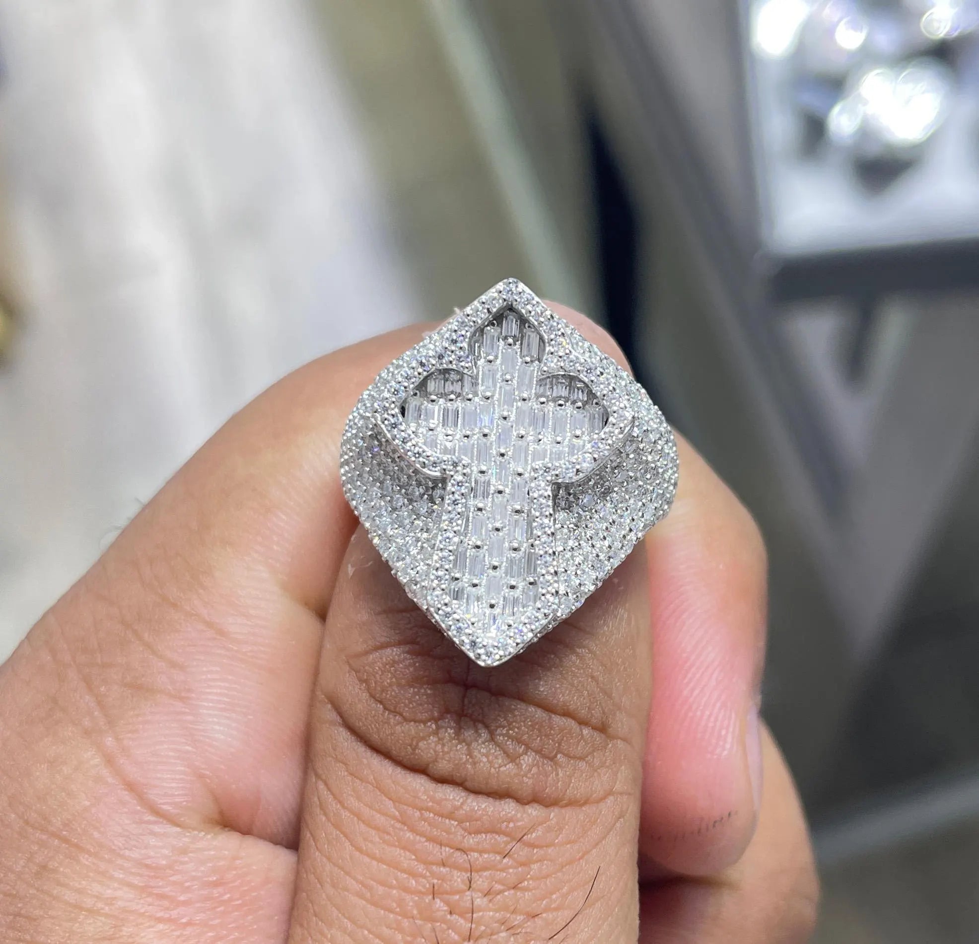 Iced Out Moissanite Cross Ring: 6.82 Carat Baguette Round VVS Moissanite Sterling Silver Ring