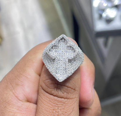Iced Out Moissanite Cross Ring: 6.82 Carat Baguette Round VVS Moissanite Sterling Silver Ring
