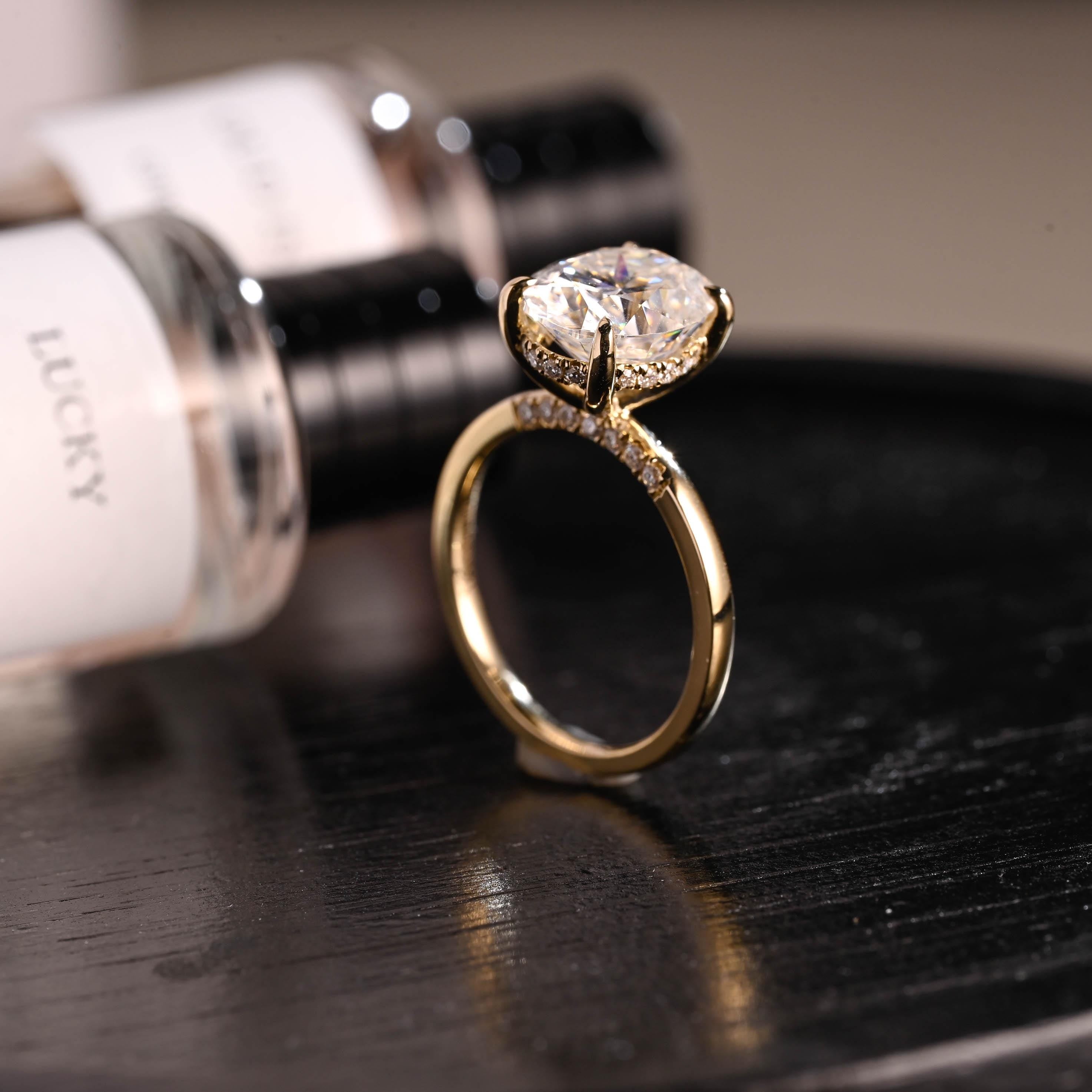 Solid Gold Hidden Halo Oval Cut Moissanite Engagement Ring, Anniversary Ring for Her