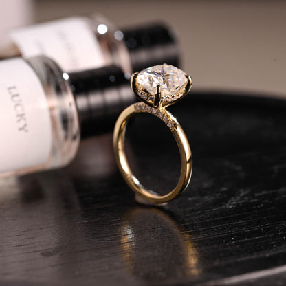 Solid Gold Hidden Halo Oval Cut Moissanite Engagement Ring, Anniversary Ring for Her
